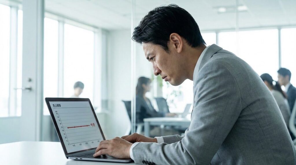 パソコンのアクセス解析画面を見て悩んでいる広報担当者