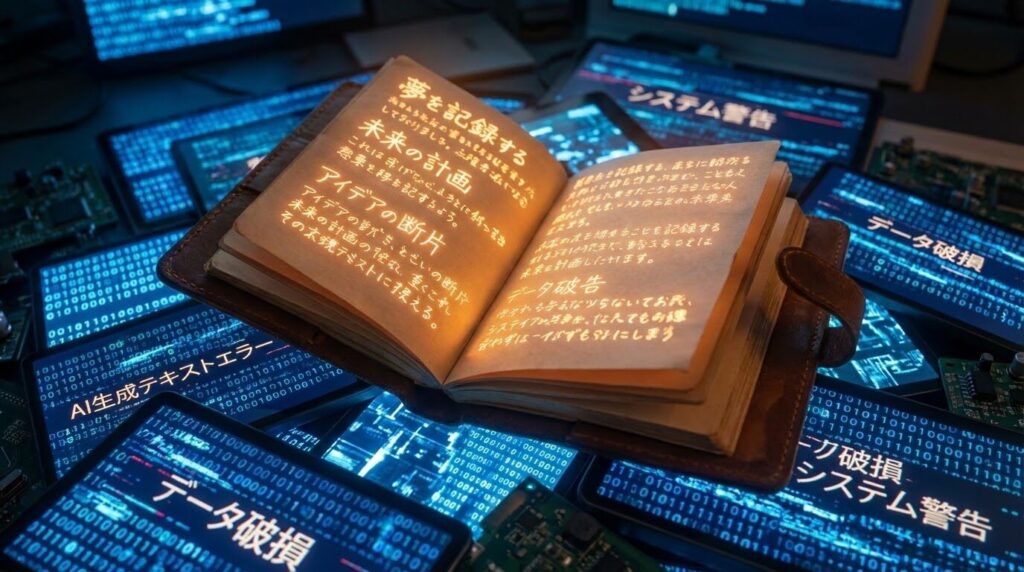 画面上の無数のコードやテキストの中から、温かい光を放つ手書きのノートが浮かび上がっているイメージ。