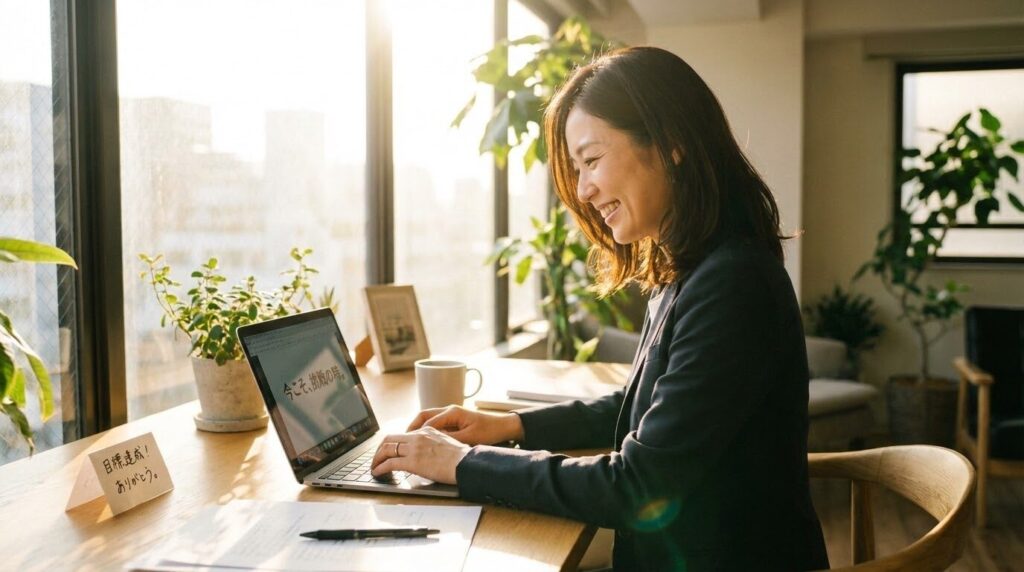 笑顔で仕事に取り組むビジネスパーソン