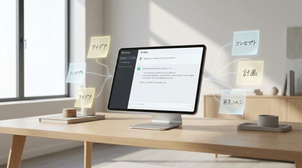 AIツールでペルソナの悩みを分析し、付箋にキーワードが整理されていく様子