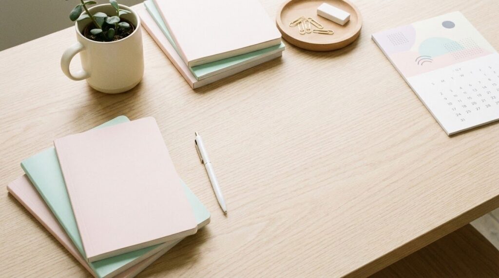 美しい余白を活かして整然と並べられたデスク上のアイテム