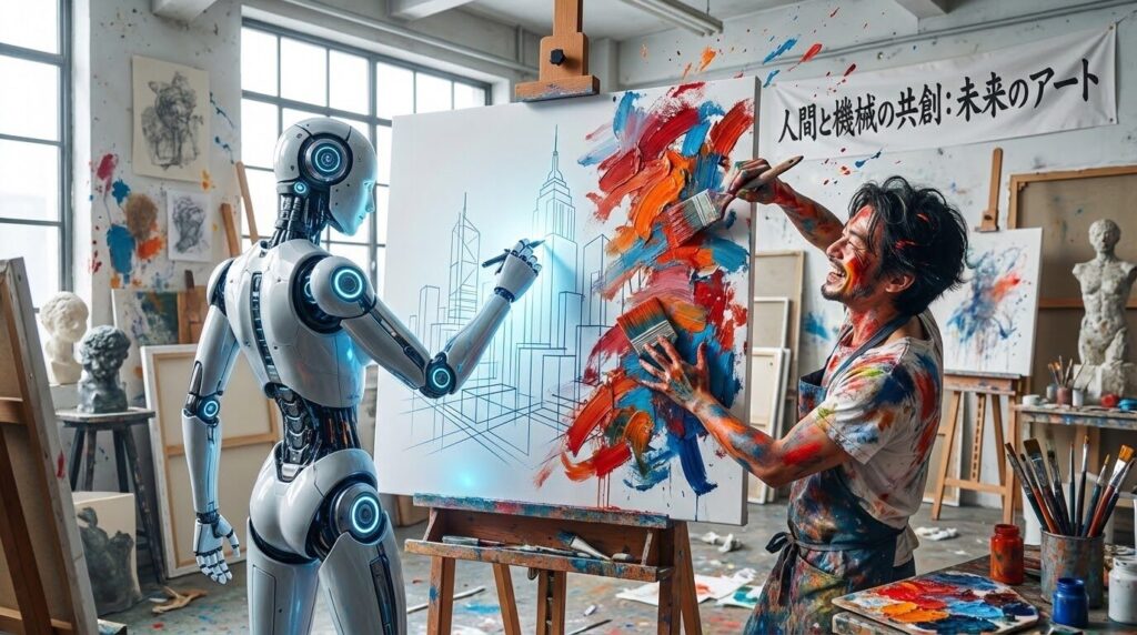 ロボットがキャンバスに下書きを描き、人間がその上に鮮やかな絵の具で色を塗り、魂を吹き込んでいる様子。