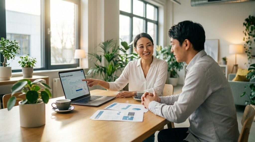 Webサイトの無料健康診断レポートを見ながら笑顔で話すスタッフ