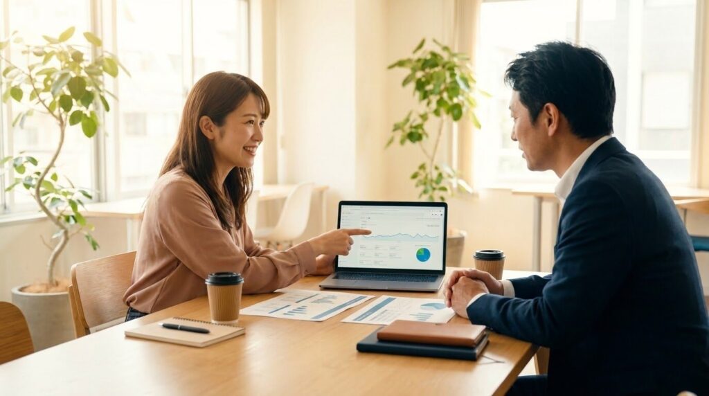 オンラインミーティングで和やかにWebサイトの改善点を提案する様子