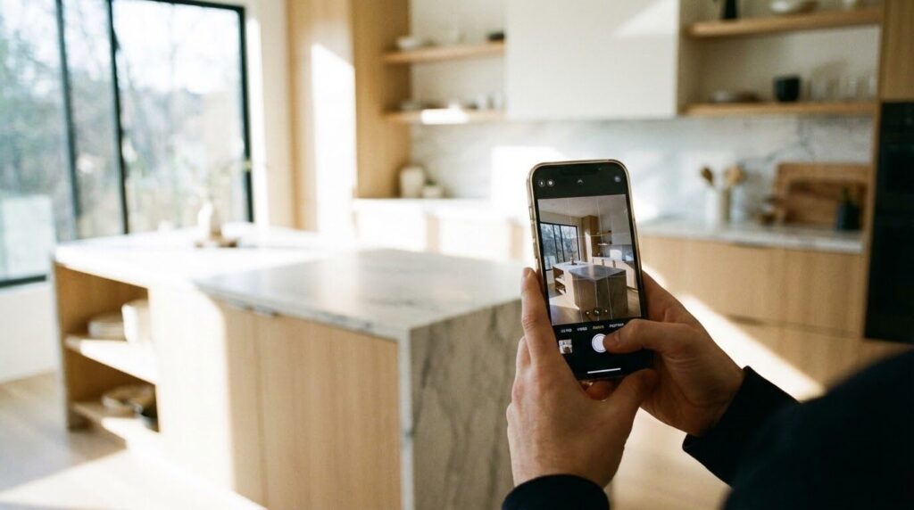 現場でスマートフォンを使って新築の内装を撮影している様子