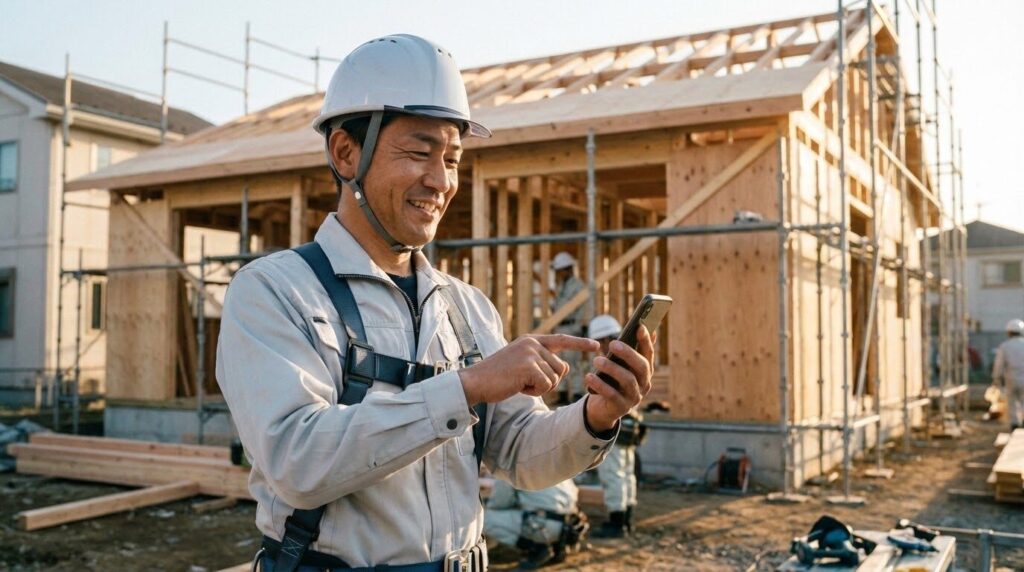 建築現場でスマートフォンを操作する作業着姿の男性