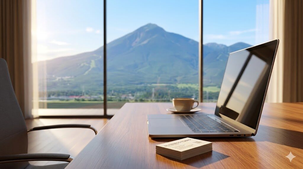 会津若松の風景をバックに、デスクに置かれたノートパソコンと新しい名刺。起業の始まりをイメージさせる爽やかな写真。