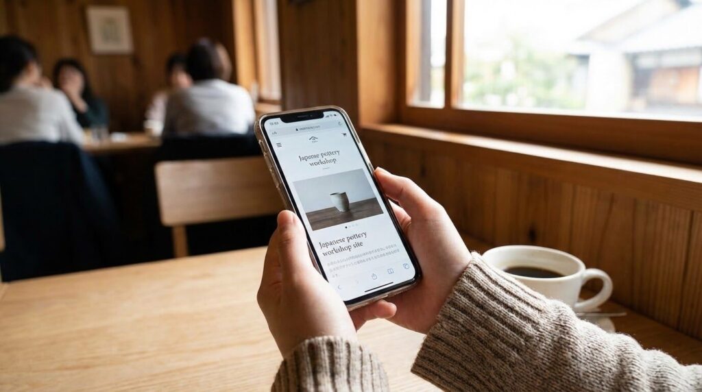 【📸画像指定】
配置場所の意図: 記事の中盤で、スマホでHPをチェックする人物の画像を入れることで、「ユーザー目線」の重要性を視覚的に訴えかける。
ALTテキスト案: カフェでスマートフォンを使ってウェブサイトを閲覧している人の手元。画面が読みやすく最適化されているイメージ。
画像生成プロンプト案: Close-up of a person's hands holding a modern smartphone in a cozy cafe in Japan. The smartphone screen displays a clean, well-designed mobile website. Soft natural lighting, warm atmosphere, high quality photography. --ar 16:9