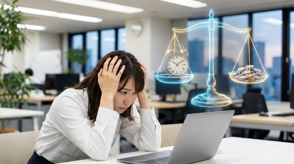 パソコンの前で頭を抱える広報担当者と、時間とコストを天秤にかけるイメージ