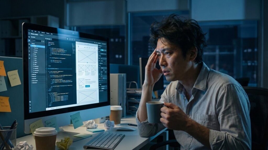 夜遅くまでパソコンの画面と睨み合い、Webサイト作成に悪戦苦闘するビジネスパーソン