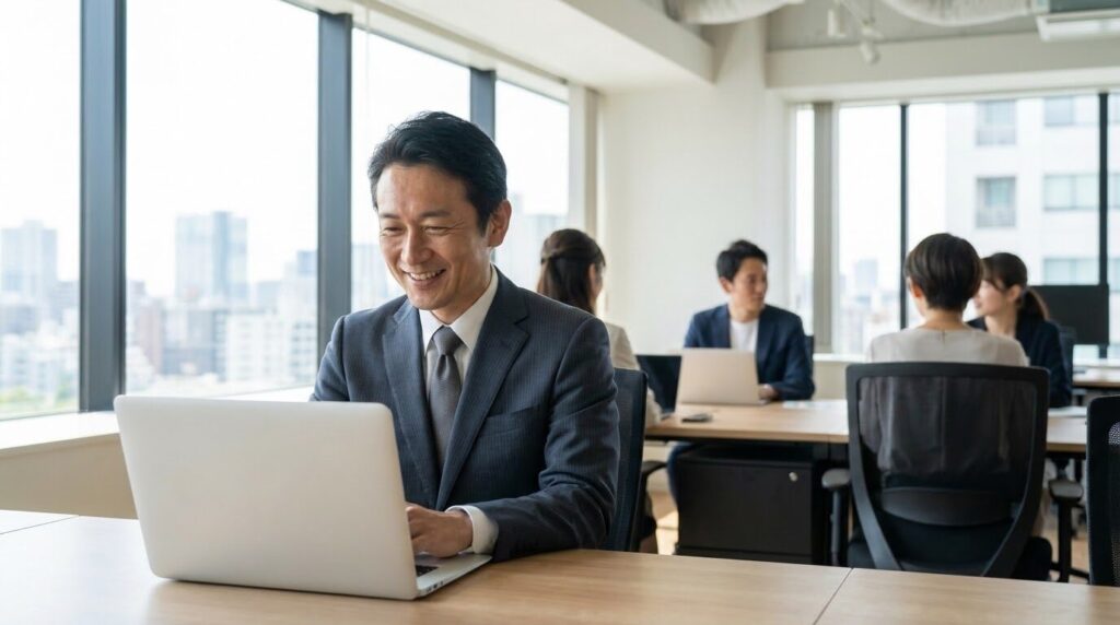 パソコンの画面を見ながら悩みが解決し、笑顔になっているビジネスパーソン