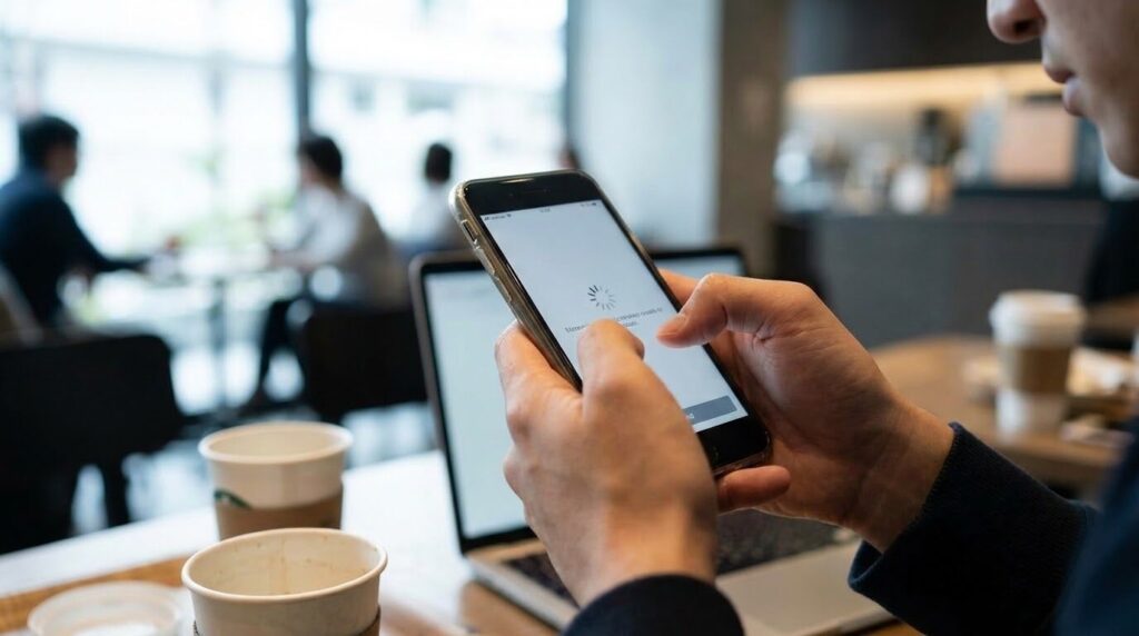 スマートフォンで文字入力に苦戦している手元のクローズアップ